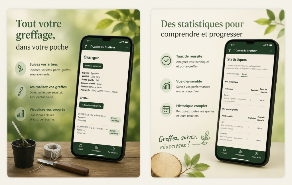 Deux écrans du Carnet du Greffeur : fiche d'un oranger avec ses greffes, et statistiques de réussite