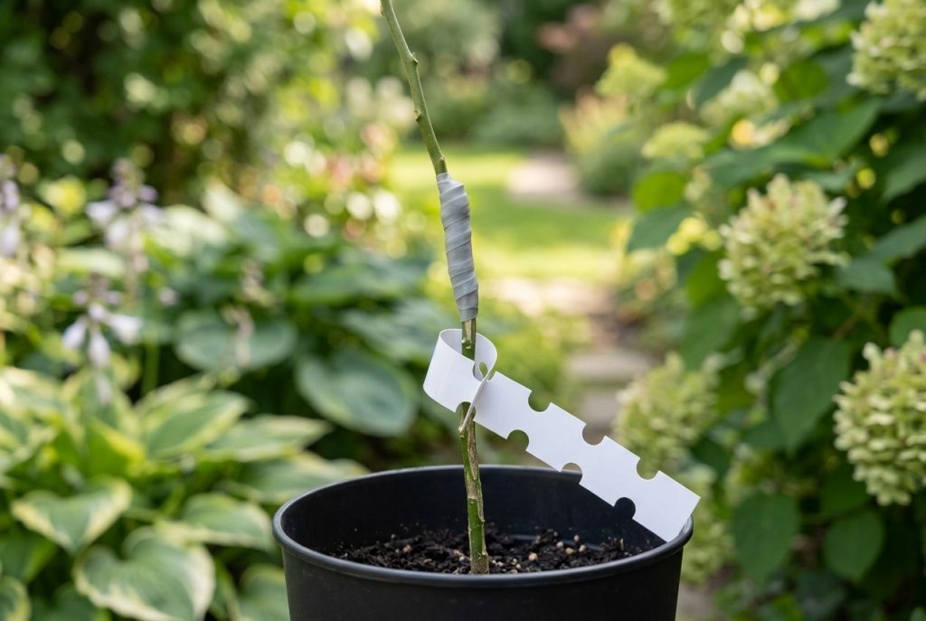 Jeune greffe d'agrume en pot, ligature maintenue par le ruban élastique Sylvalien