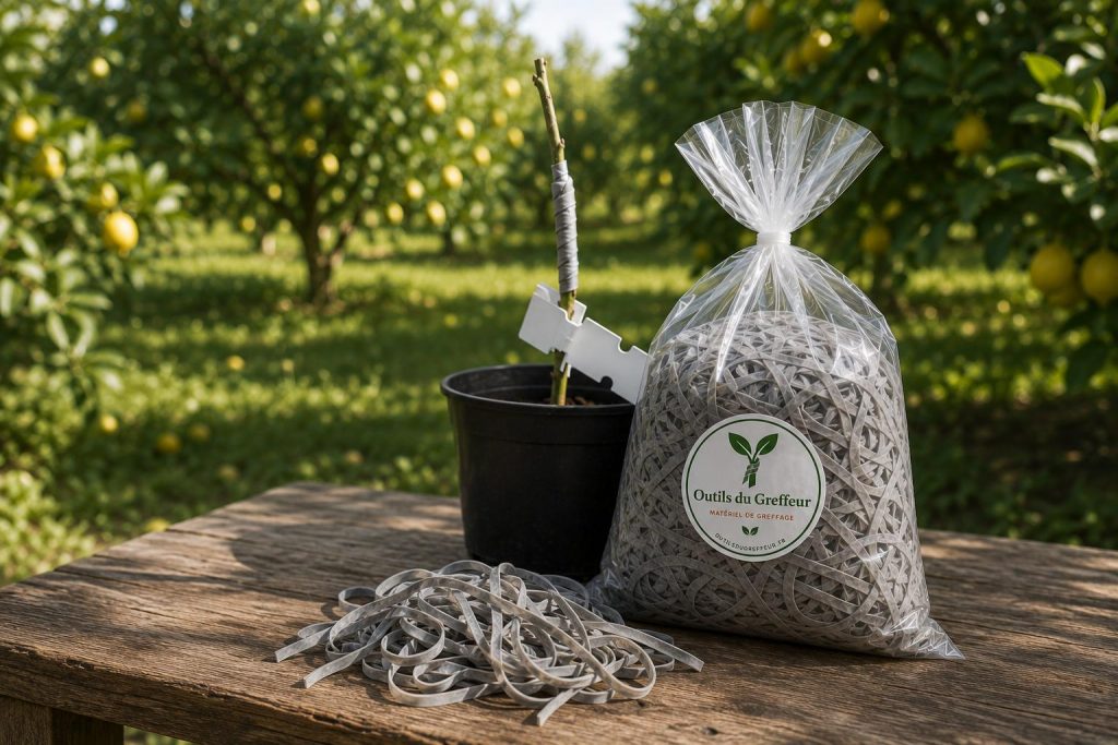 Sachet transparent de ruban Sylvalien, étiquette Outils du Greffeur, devant un jeune agrume greffé en pot